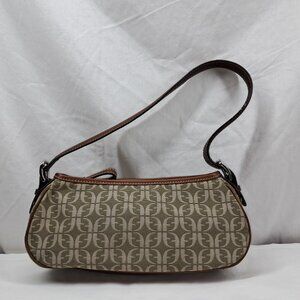 Vtg Fossil Brown Green Signature Jacquard Fabric Leather Trim Shoulder Demi Bag